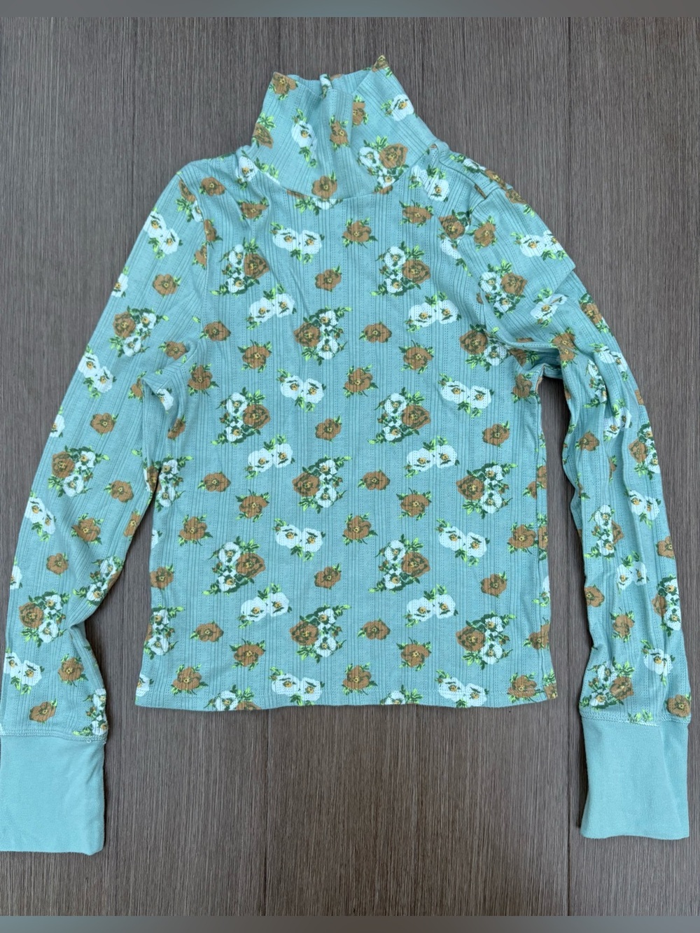 Aerie Mock-neck Pointelle Floral Top In Sage Green Size M